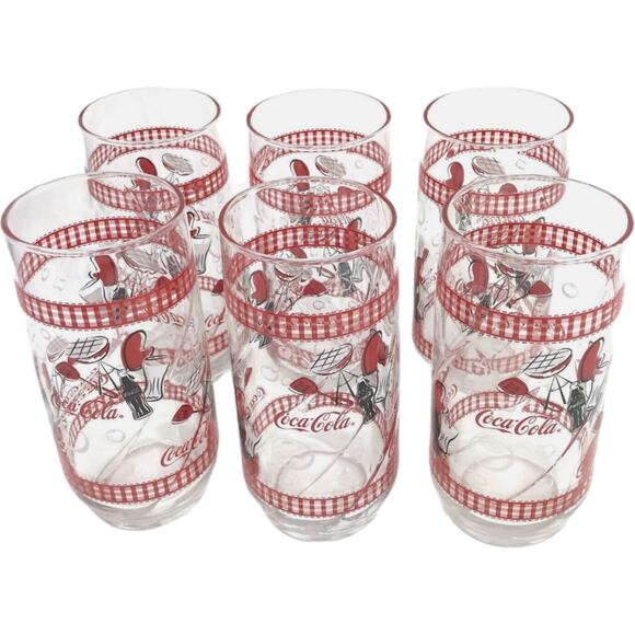 6 NEW VTG Libbey Coca-Cola Coke BBQ Picnic Barbecue Red Gingham Large Glasses - Picture 1 of 7